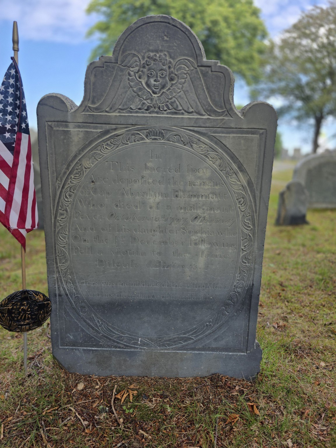 Mordecai Hammett gravestone with a carved cherub