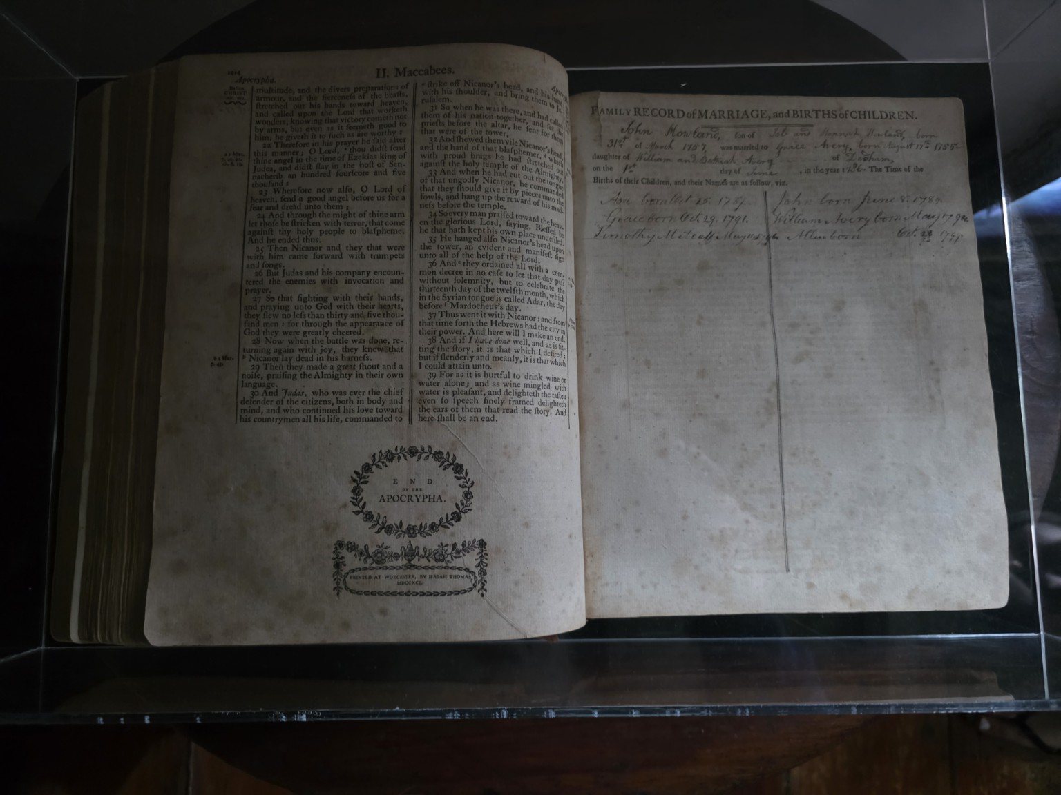 Open family Bible with handwritten marriage and birth records