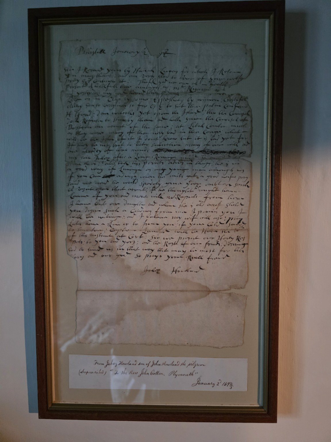 Framed 1692 letter from Jabez Howland to Reverend John Cotton