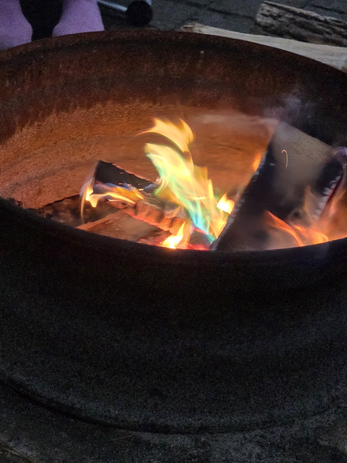 Blue green and orange campfire