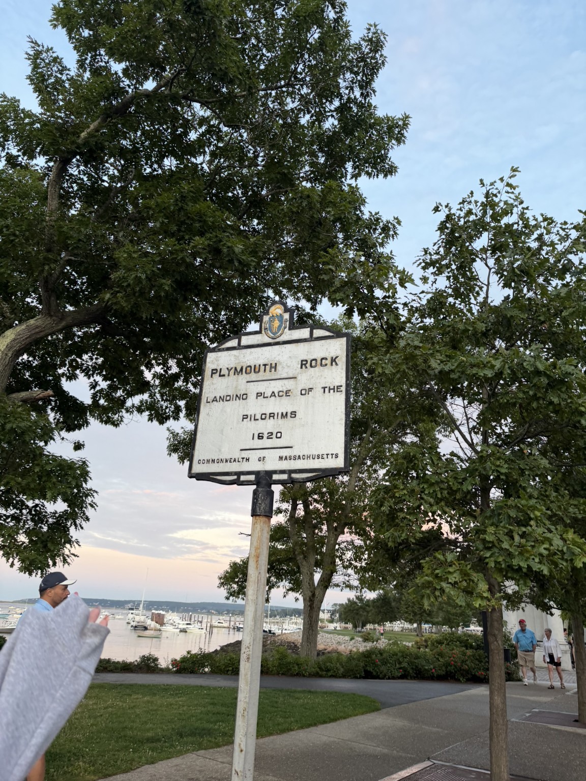 Historic Plymouth Rock roadside marker near the waterfront