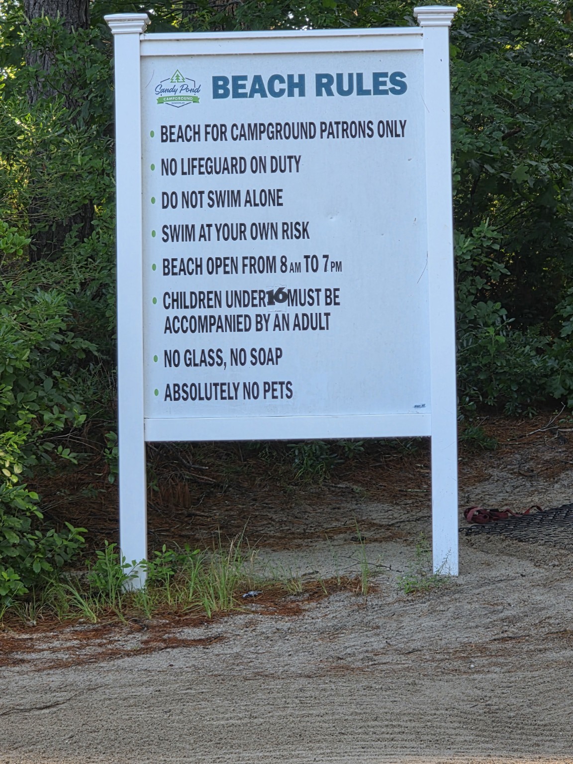 Beach rules sign at Sandy Pond Campground