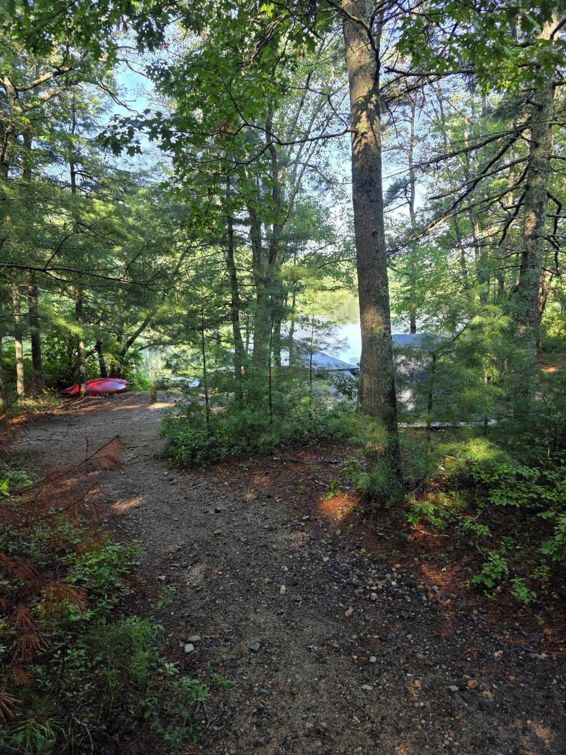 Wooded trail toward the canoe, kayak, and fishing area at Sandy Pond Campground