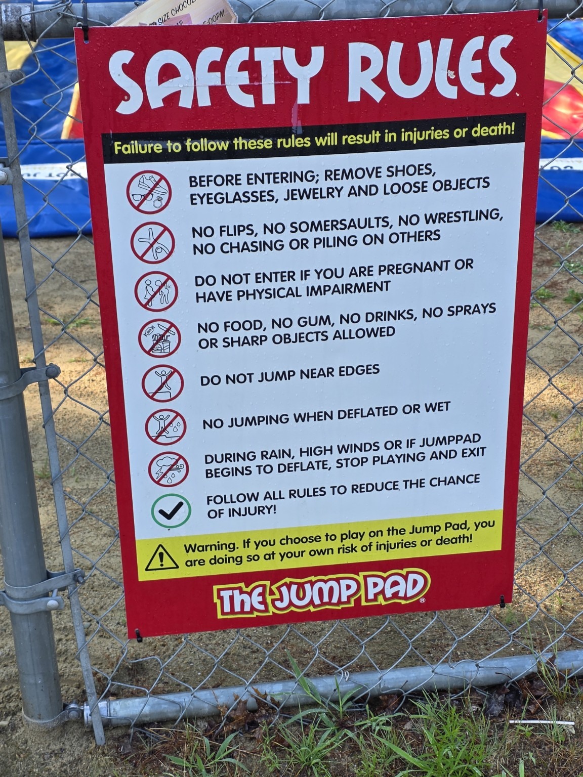 Safety rules posted beside the Sandy Pond Campground jump pad