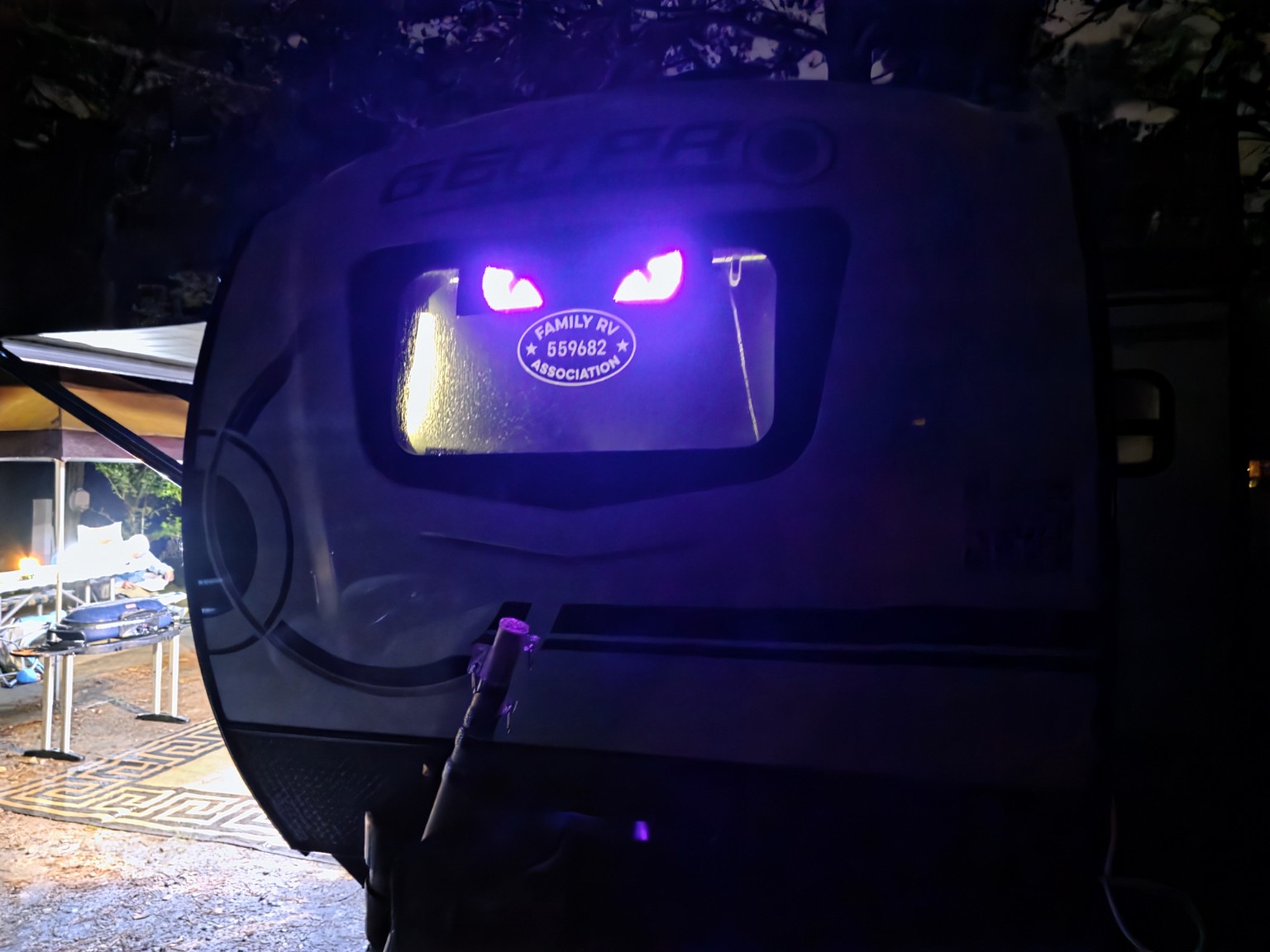 Trail Tater glowing at night with purple LED eyes